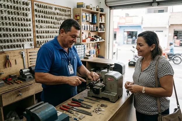 Chaveiro atendendo um cliente com profissionalismo.