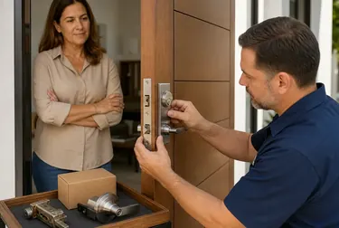 Chaveiro instalando uma nova fechadura em uma porta.