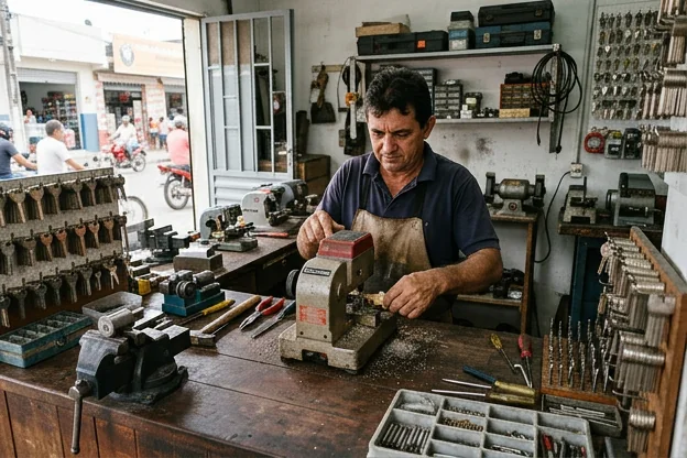 Ferramentas profissionais de chaveiro organizadas em um espaço de trabalho.
