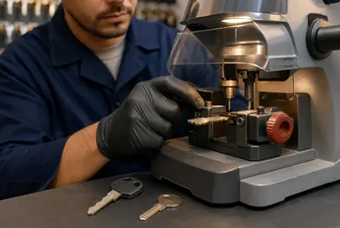 Profissional confeccionando cópias de chaves em uma máquina.
